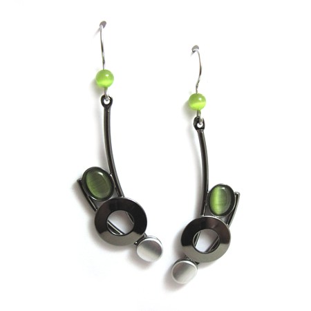 Green Catsite Black Rhodium Dangle Earrings by Christophe Poly - Click Image to Close